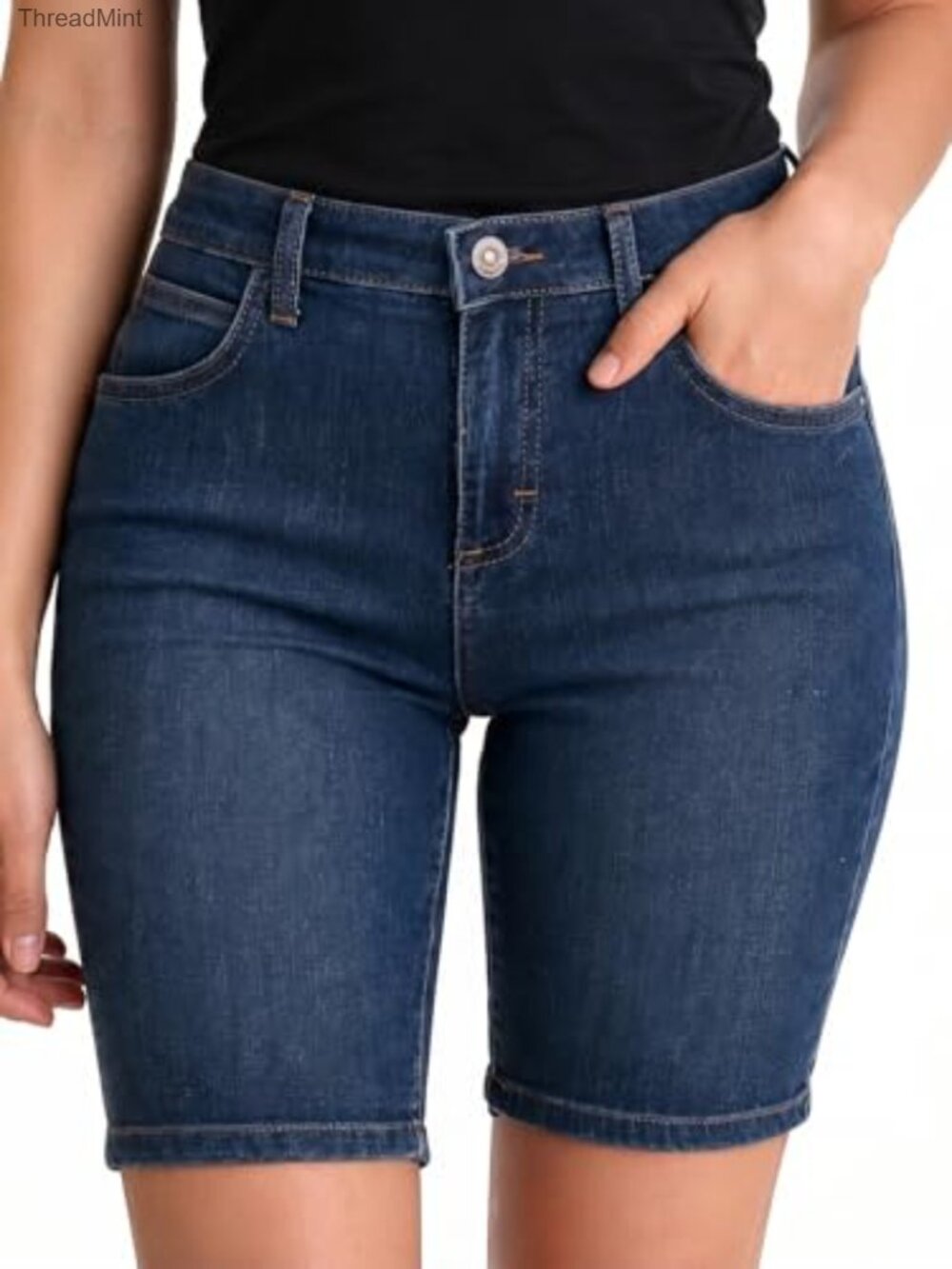 High Waisted Bermuda Stretch Denim Shorts with Pockets